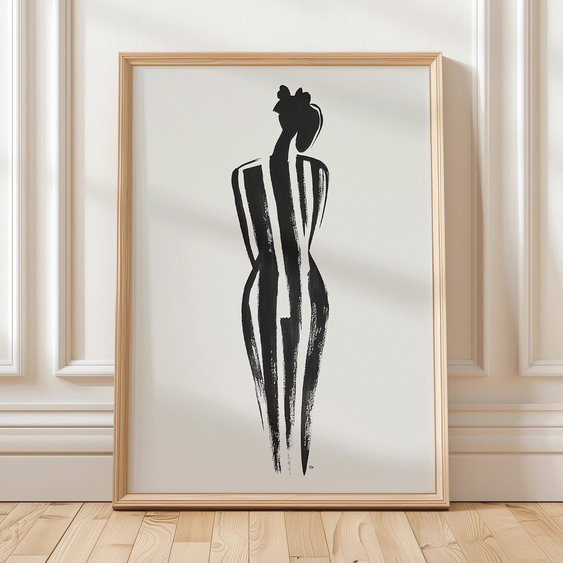 Elegant Standing Female Silhouette Black Brushstroke Art Poster