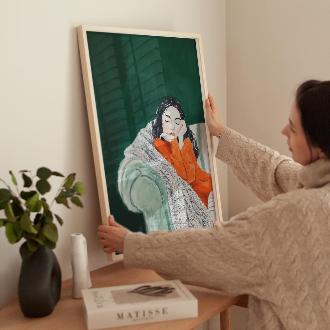 Sleeping Woman In Orange Dress Green Background Glitter Art Poster - Image 2