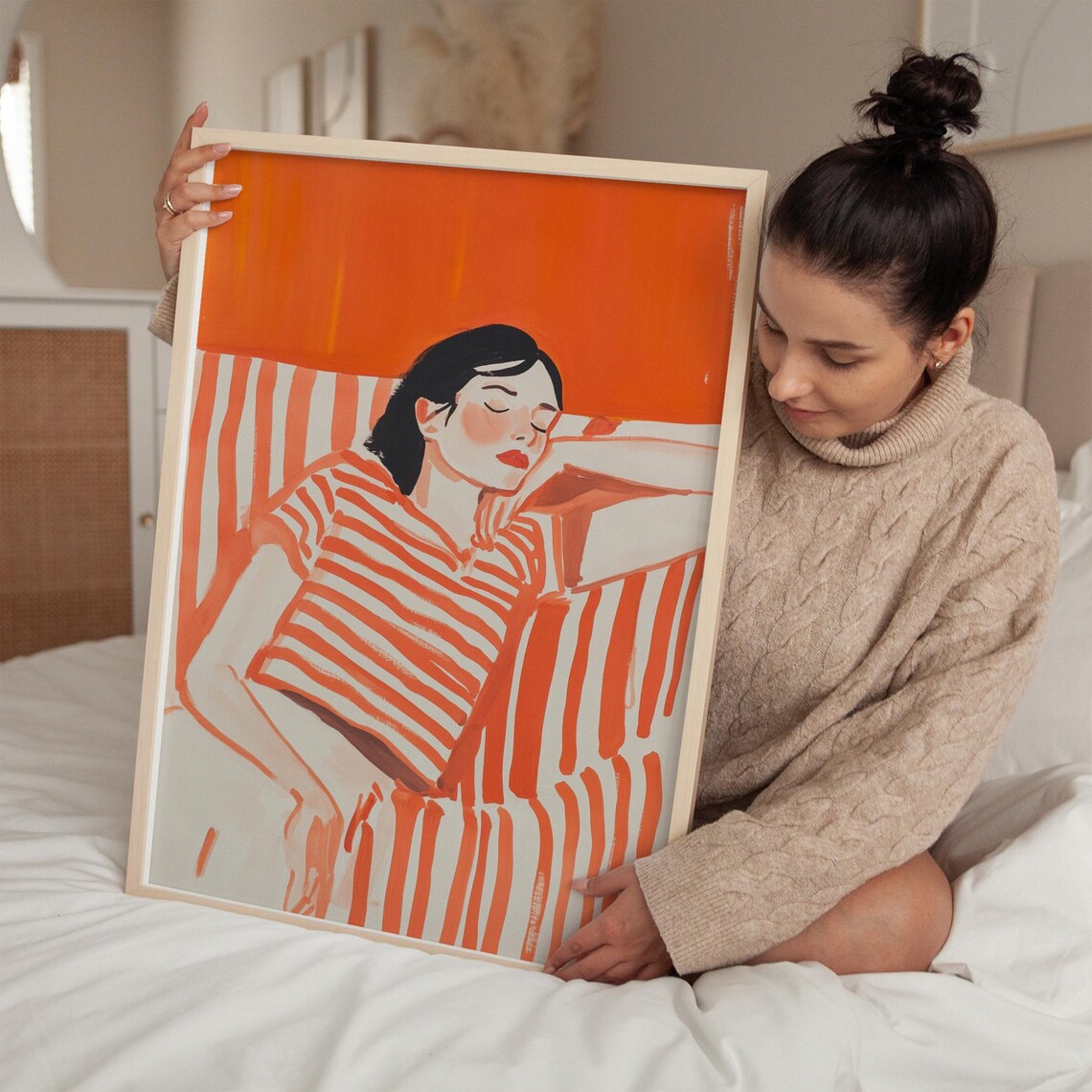 Resting Woman in Orange Striped Top Cozy Modern Abstract Poster - Image 3