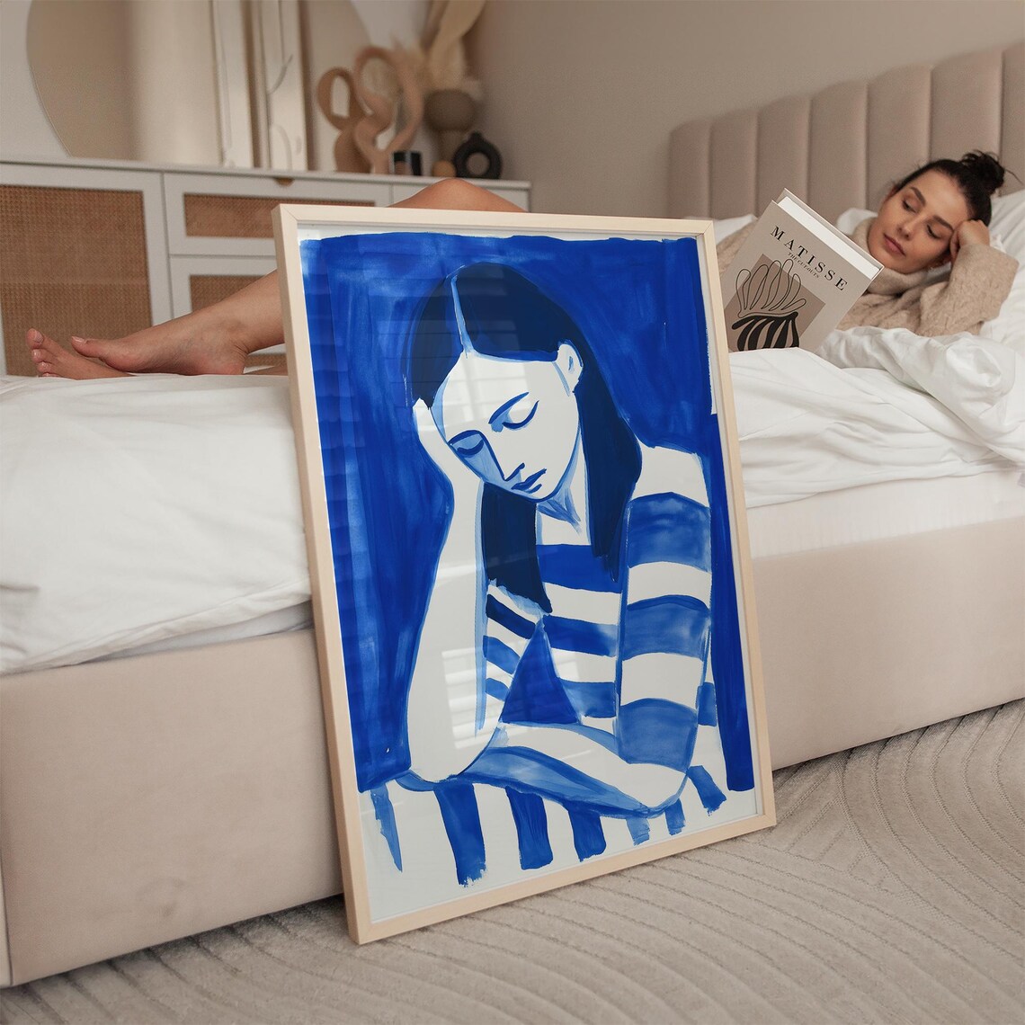 Woman In Blue Stripes Resting Head On Hand Minimalist Art Poster - Image 3