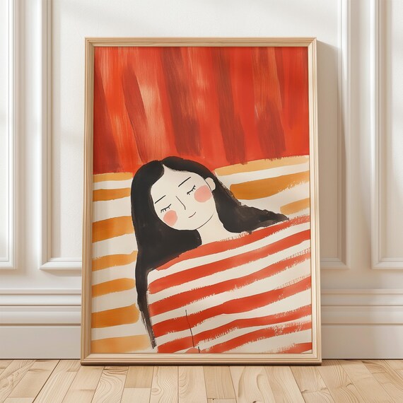 Peaceful Sleeping Woman Wrapped in Red Striped Blanket Art Poster