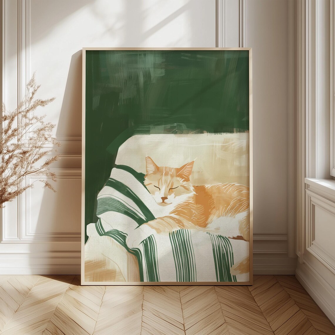 Orange Tabby Cat Sleeping On Striped Pillow Green Art Poster - Image 4