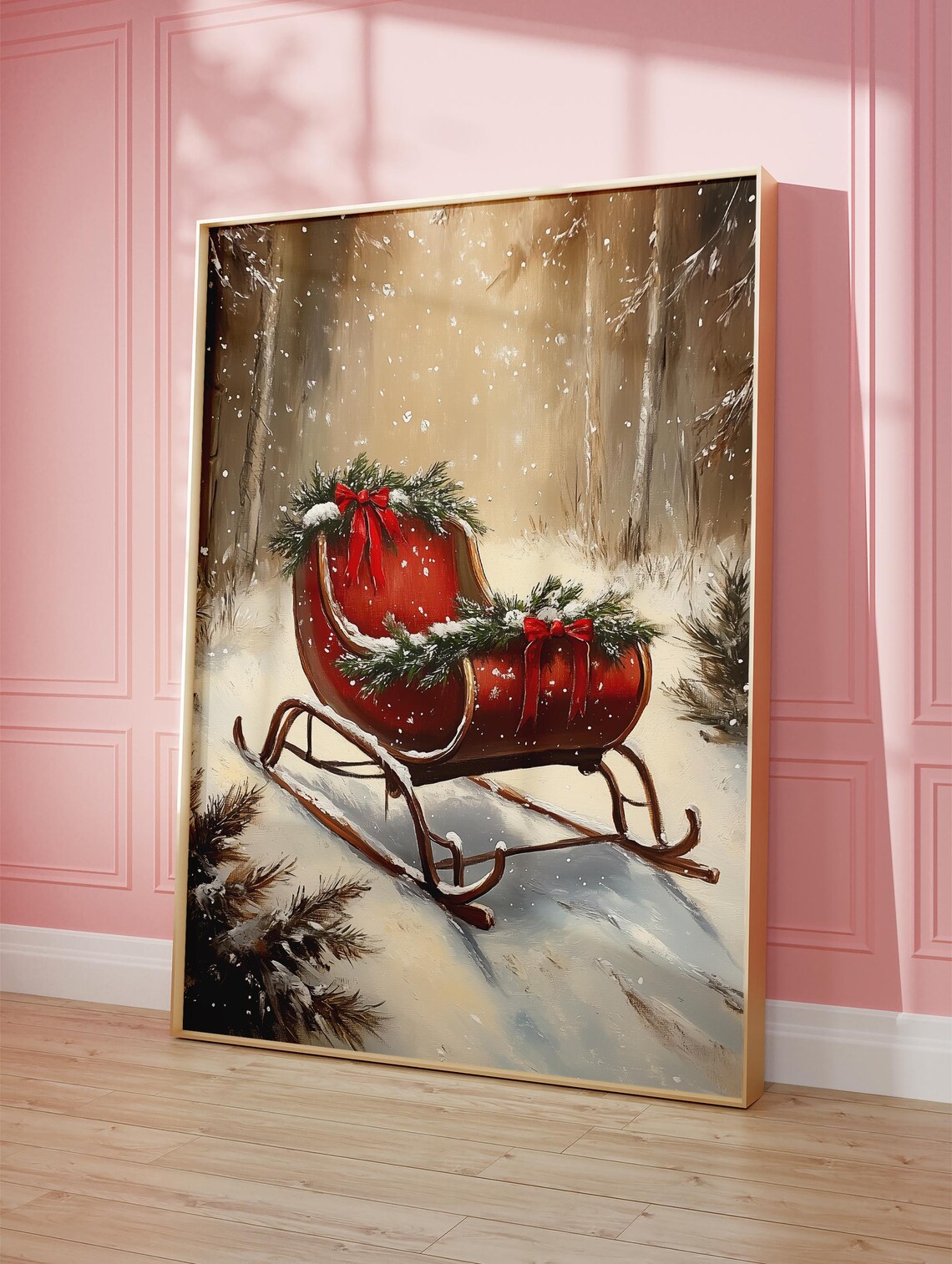 Vintage Red Sleigh, Rustic Christmas Winter Decor - Image 2