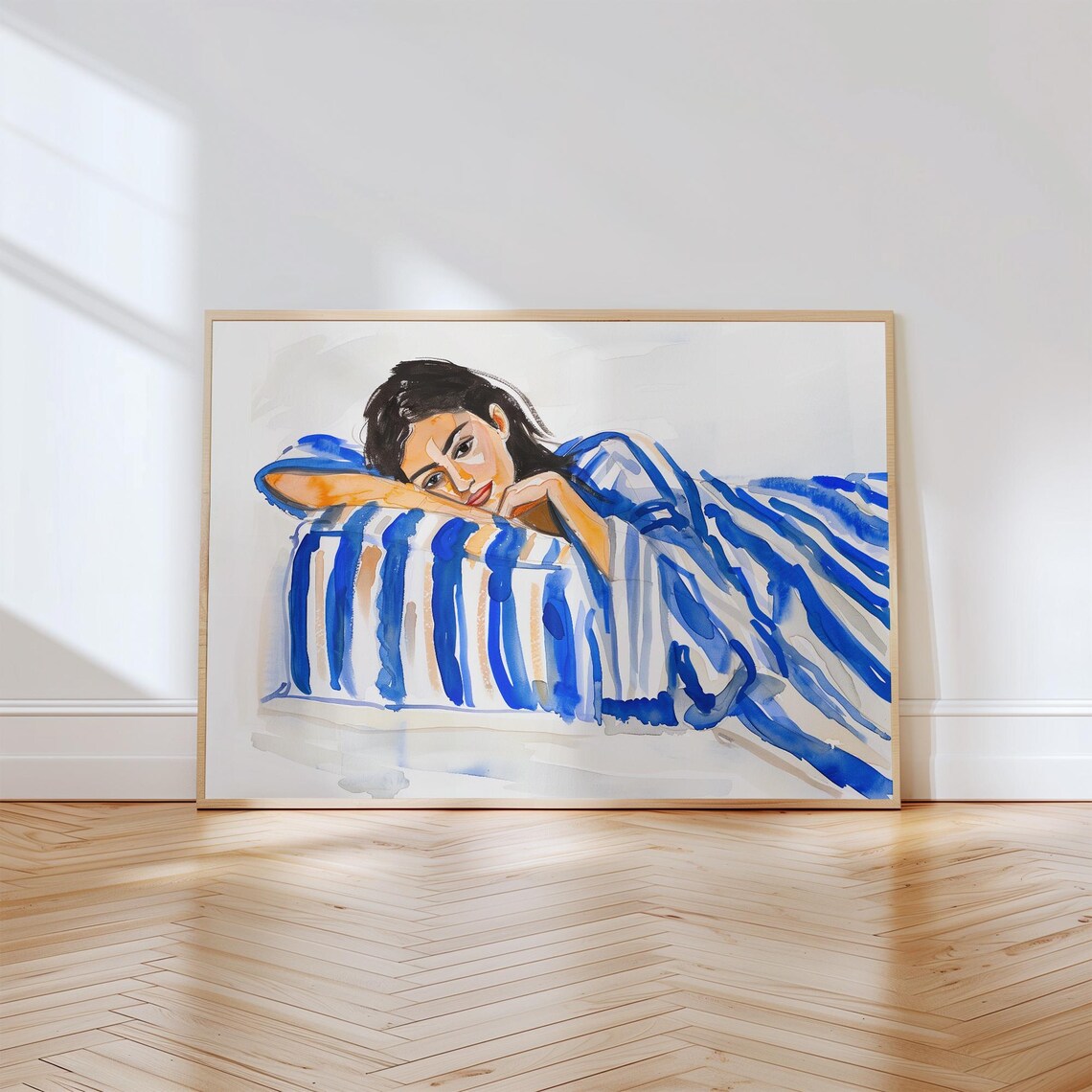 Woman Lounging Under Blue Striped Blanket Watercolor Portrait Poster - Image 2