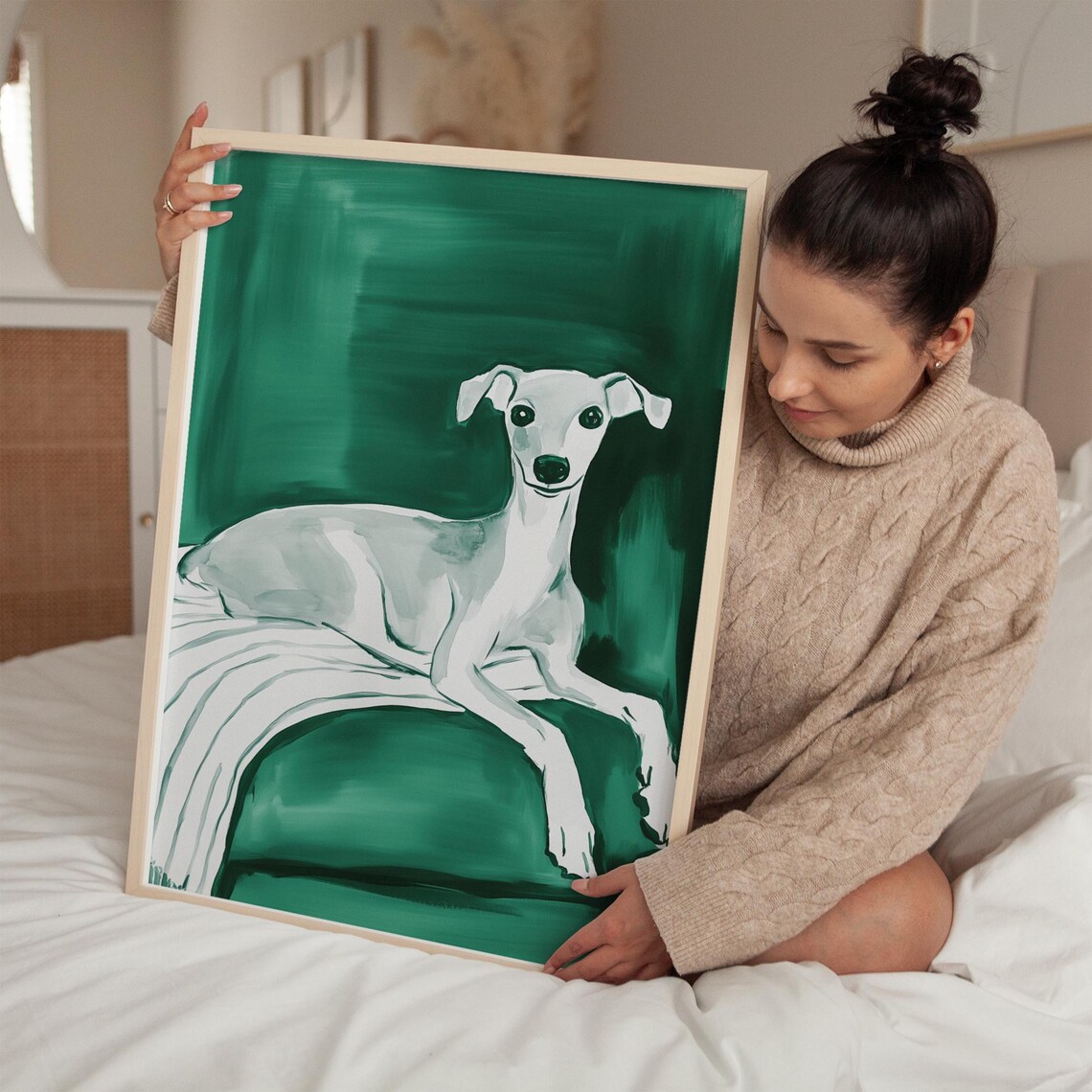 Elegant Greyhound On Green Sofa, Minimalist Dog Art