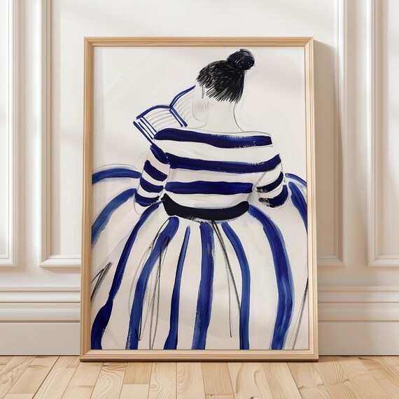 Woman Reading in Blue Striped Dress Back View Fashion Art Poster