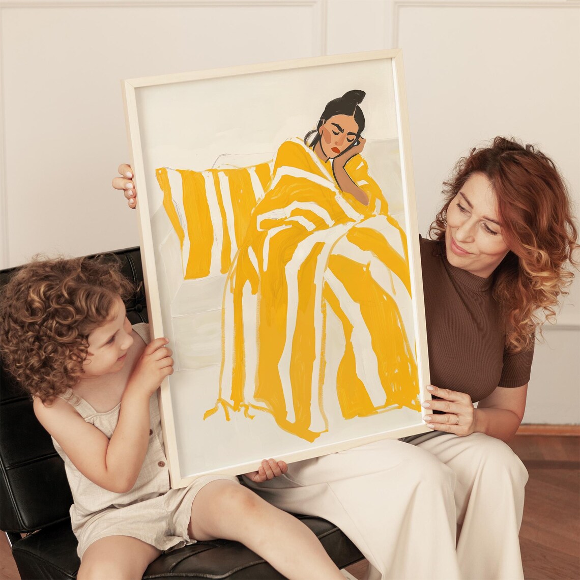 Woman Resting in a Golden Yellow Striped Blanket Minimalist Wall Art - Image 4