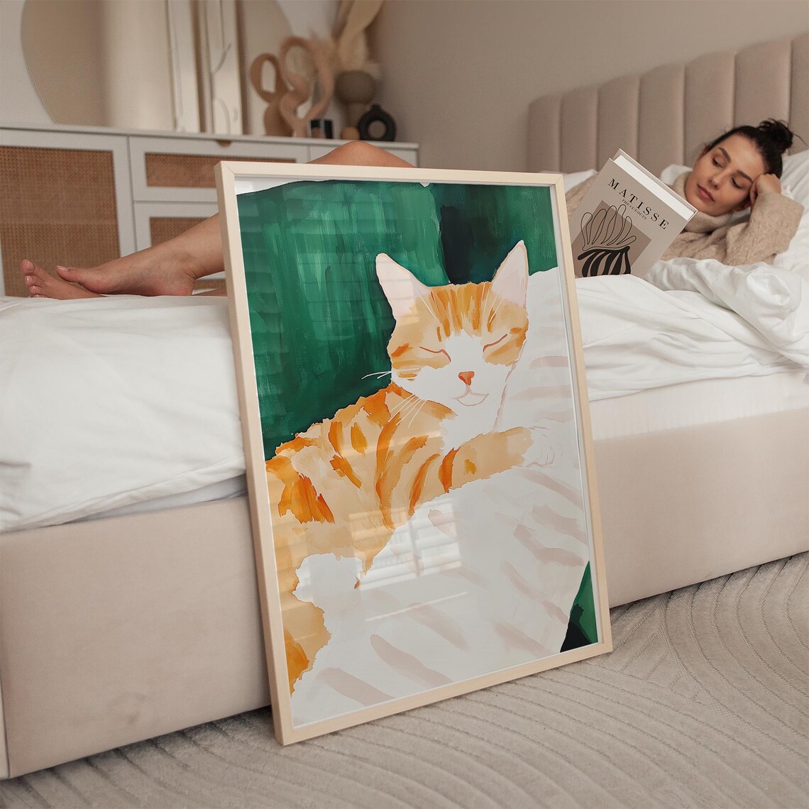 Orange Tabby Cat Watercolor Sleeping On White Blanket Art Poster - Image 2