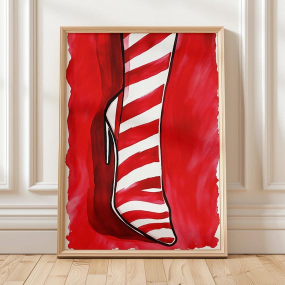 Red Striped High Heel Art Modern Abstract Print Bold Red Poster Contemporary Fashion Art Striped Artwork