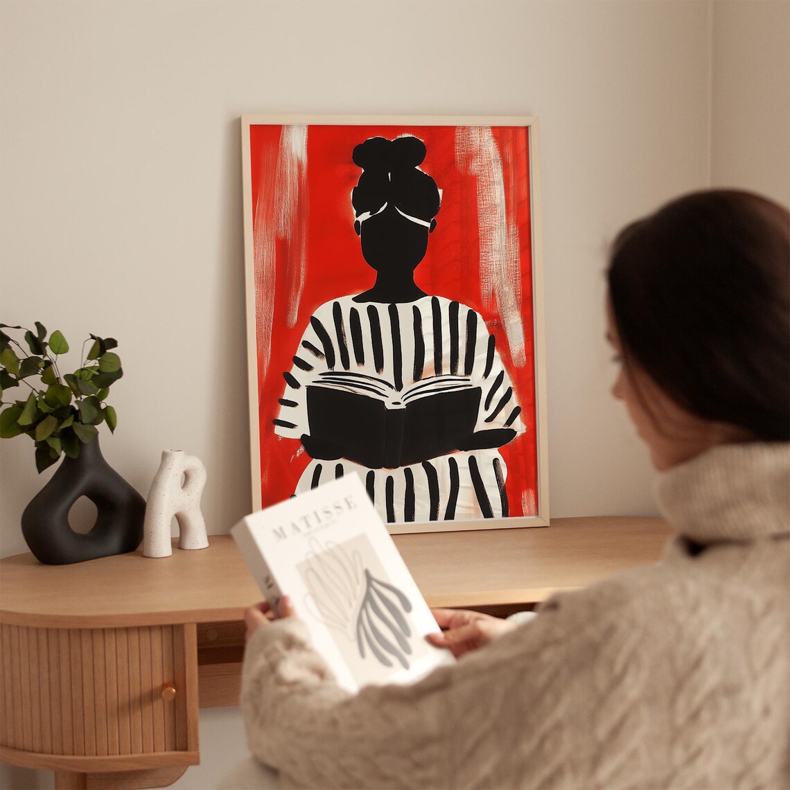 Woman Reading Book Black White Striped Red Background Art Poster - Image 4