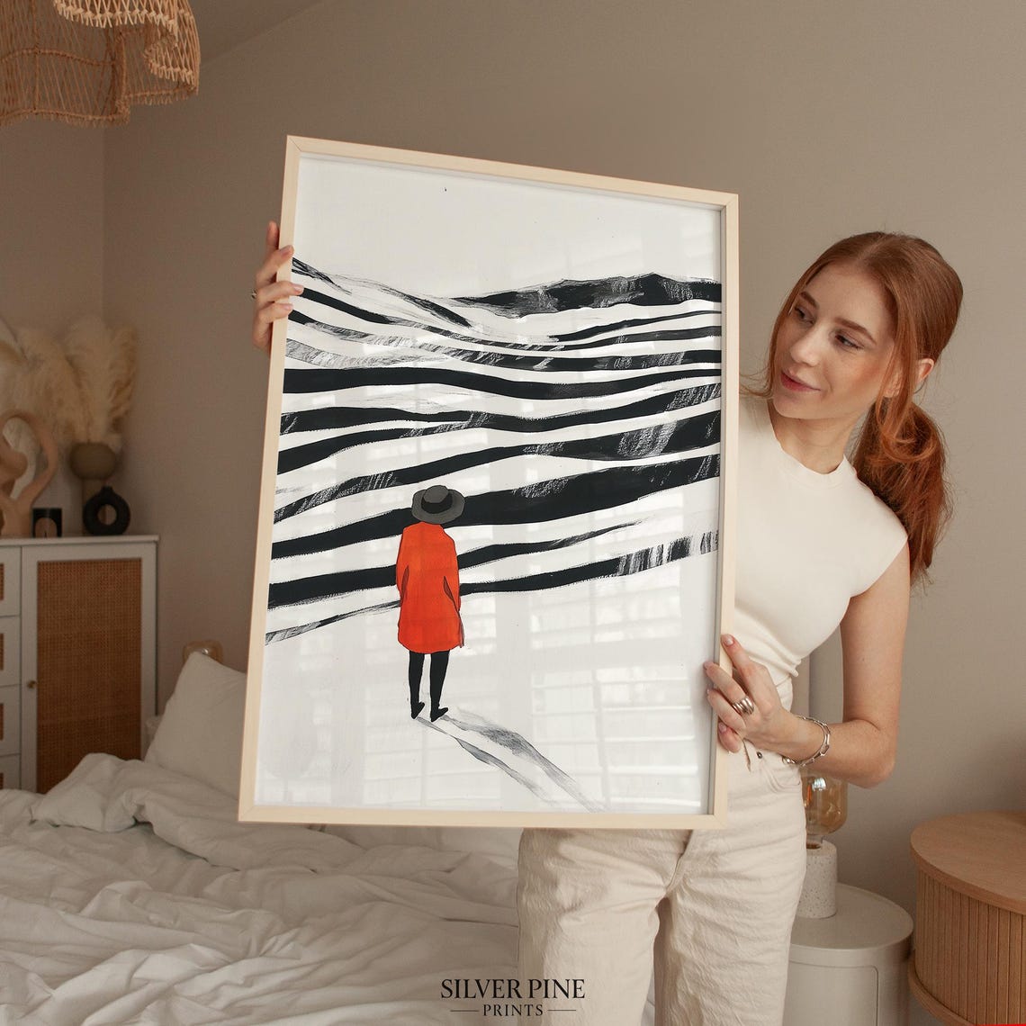 Minimalist Abstract Landscape Print Black And White Art Modern Wall Art Red Coat Artwork Mountain Art - Image 3