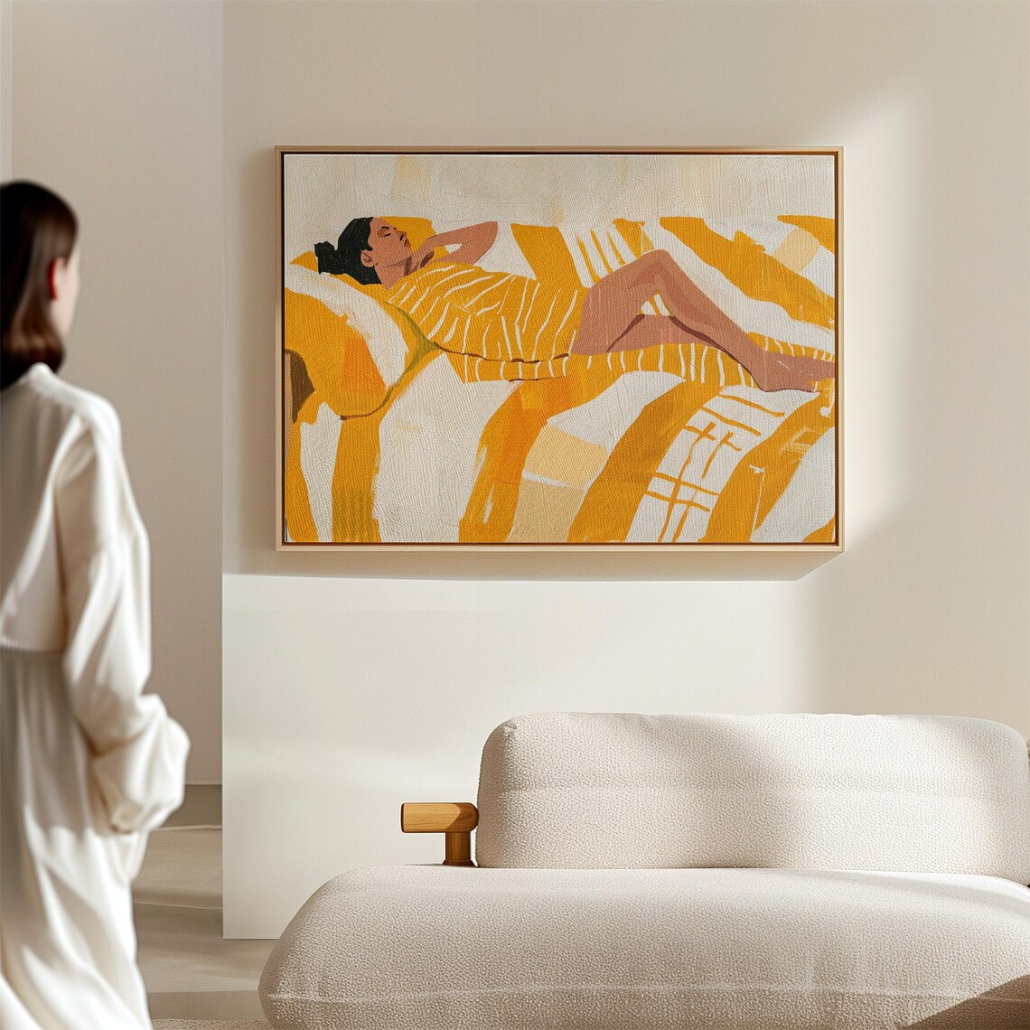 Relaxed Woman Lounging in Warm Yellow Striped Bedding Poster - Image 2