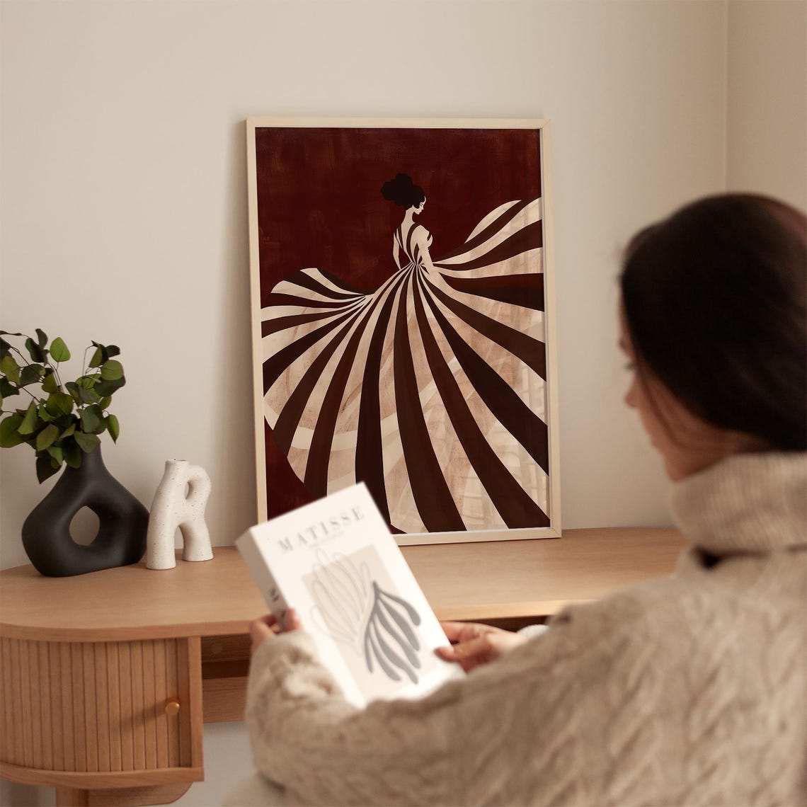 Elegant Striped Dress Artwork Brown And Beige Abstract Print Modern Minimalist Wall Art For Home Decor - Image 3