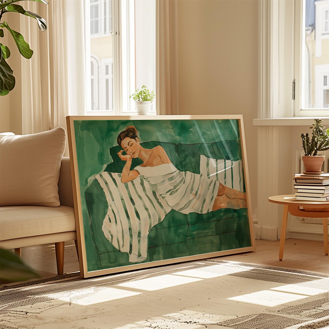 Woman Lounging on Emerald Green Sofa Striped Throw Watercolor Poster - Image 4
