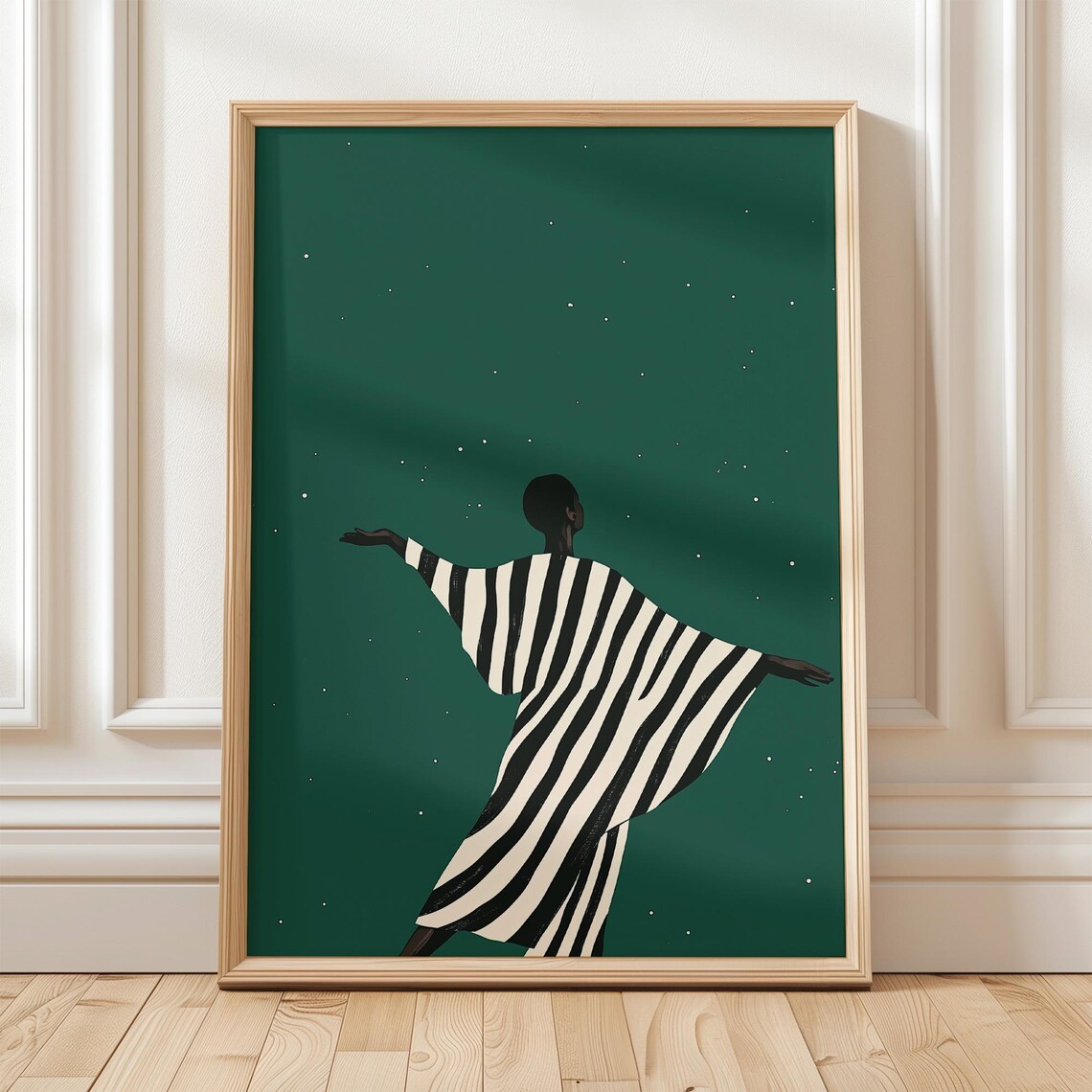 Silhouette Woman Dancing Under Stars Emerald Night Minimalist Poster
