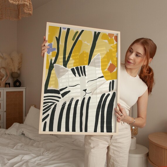 Minimalist Striped Sleeping Cat White Yellow Modern Art Poster