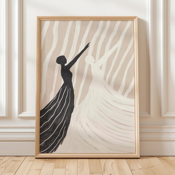 Black And White Figures In Flowing Dresses, Minimalist