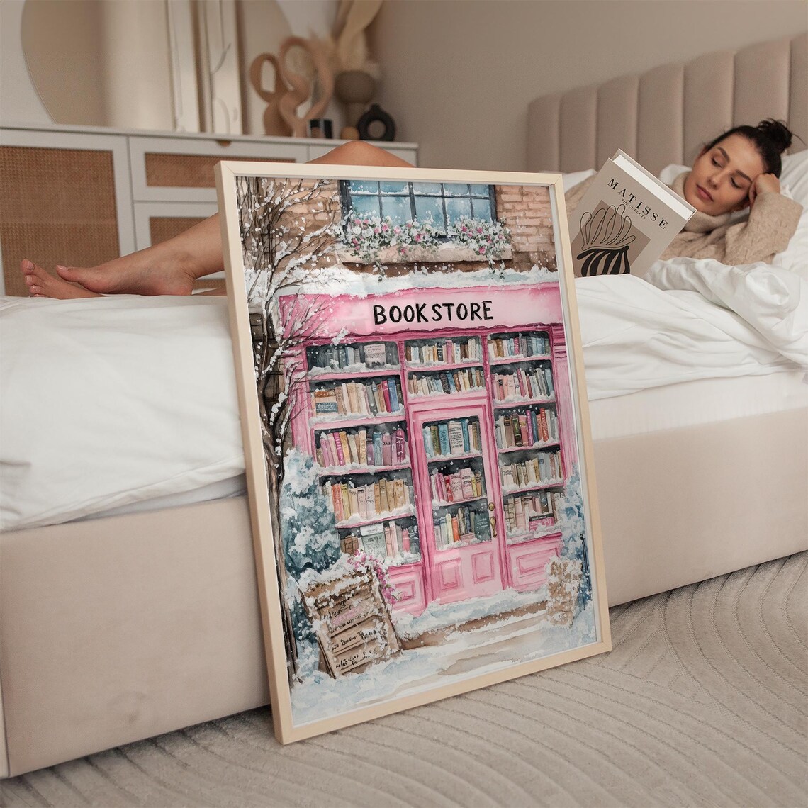 Snowy Pink Bookstore Cozy Winter Decor Art Print - Image 2