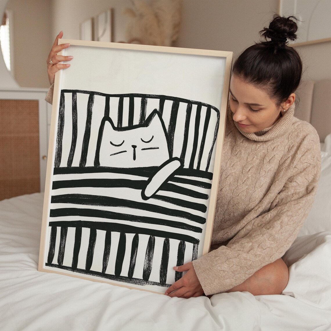 Peaceful Sleeping White Cat Curled on Striped Bed Monochrome Poster - Image 4