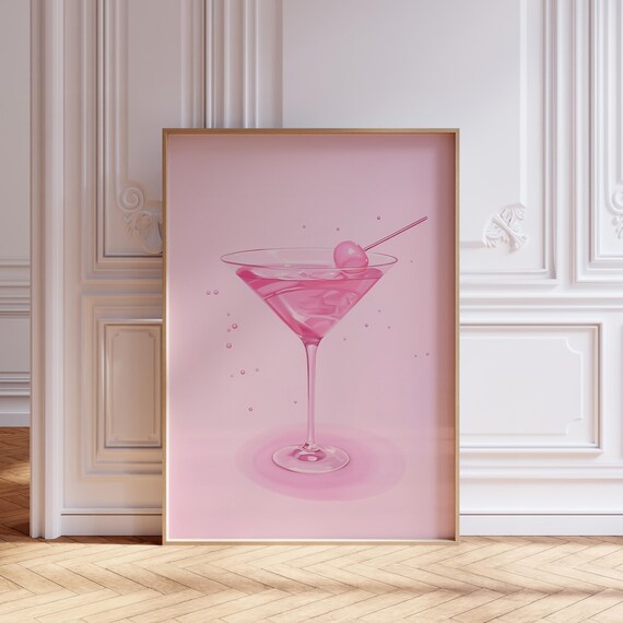 Pink Martini Cocktail Glass With Cherry Glossy Watercolor Poster