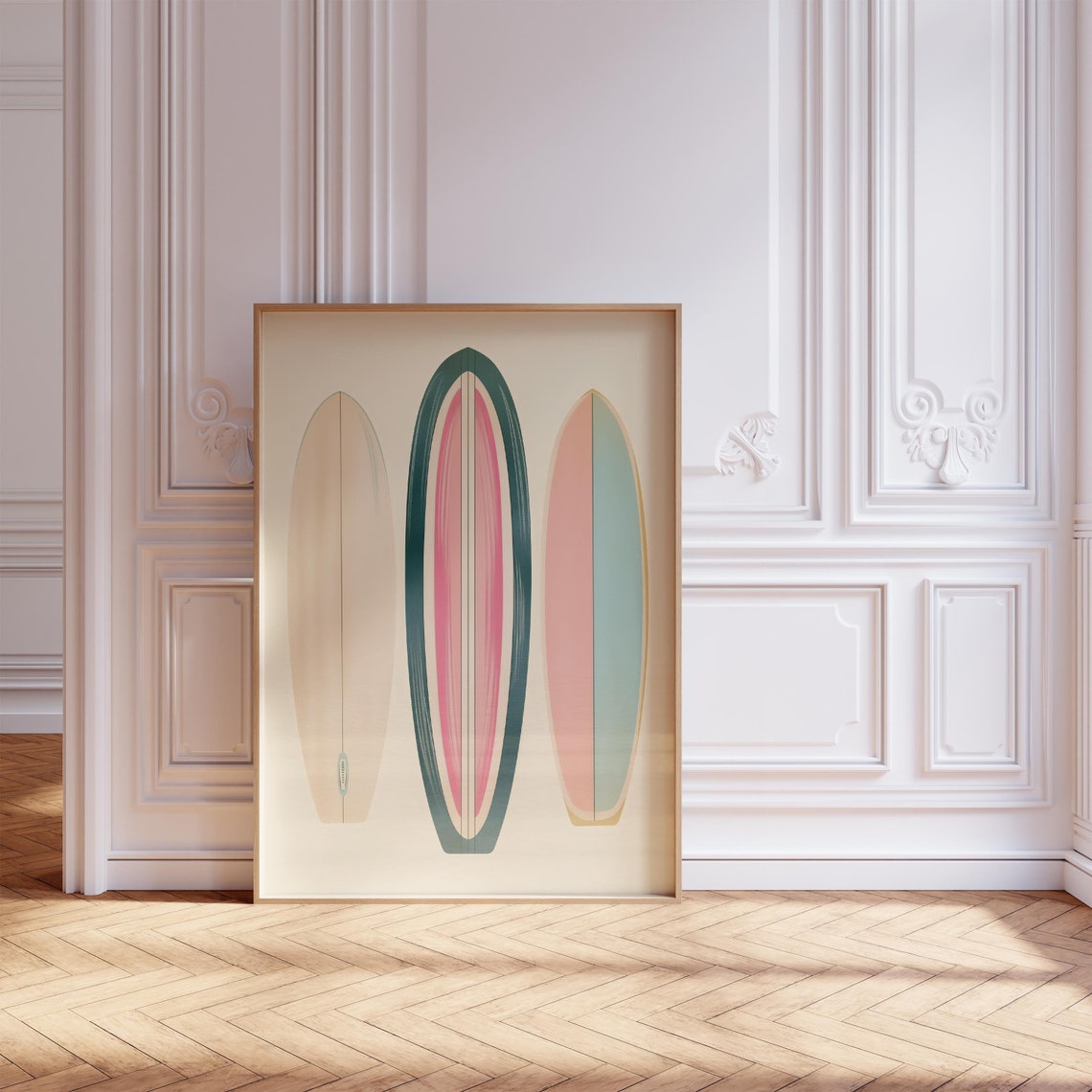 Three Pastel Longboard Surfboards Minimal Coastal Decor Poster