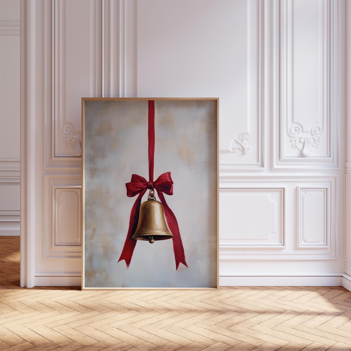 Vintage Christmas Bell With Red Ribbon Moody Holiday Art Poster - Image 6