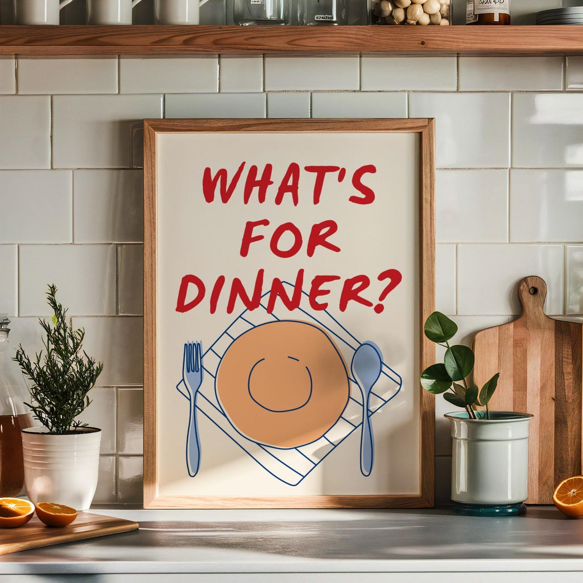 What's for Dinner? Playful Red Lettering Kitchen Wall Poster
