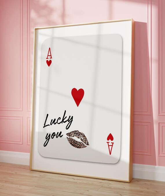 Playing Card Wall Art Lucky You Poster Leopard Kiss Lips Room Decor Trendy Retro Ace Print