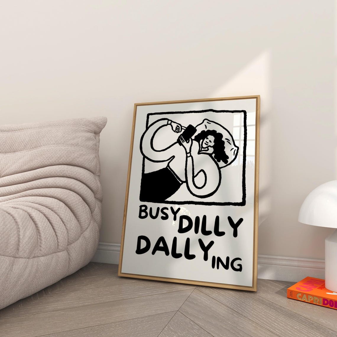 Busy Dilly Dallying Funny Lazy Day Bed Rest Line Drawing Poster - Image 3