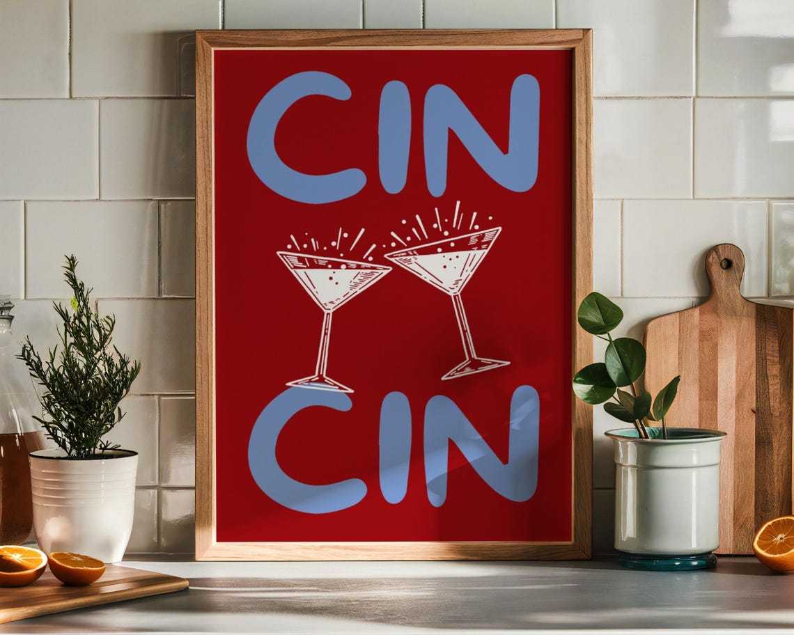 Cin Cin Red Martini Glasses Bold Retro Cocktail Bar Art Poster
