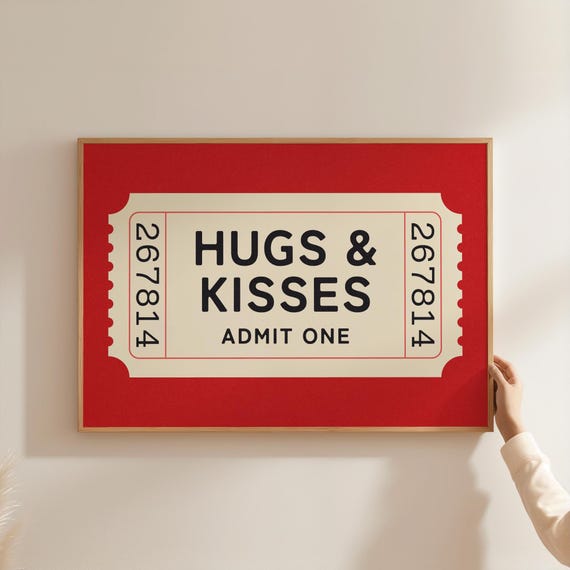 Hugs Kisses Ticket Print Retro Valentines Day Aesthetic Poster Cute Red Valentines Day Decor Romantic Wall Art Gift