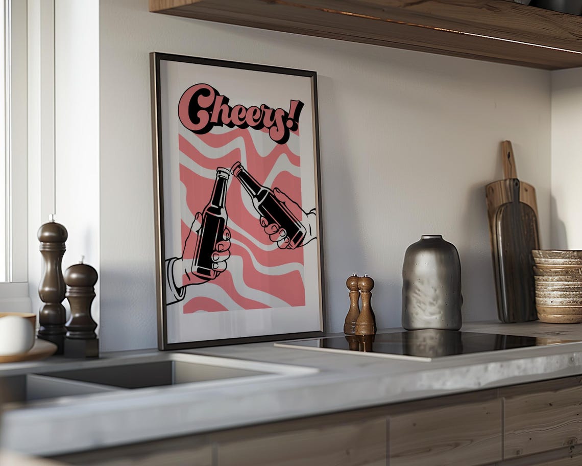 Cheers Beer Bottles Clinking Pink Retro Kitchen Bar Art Poster - Image 4