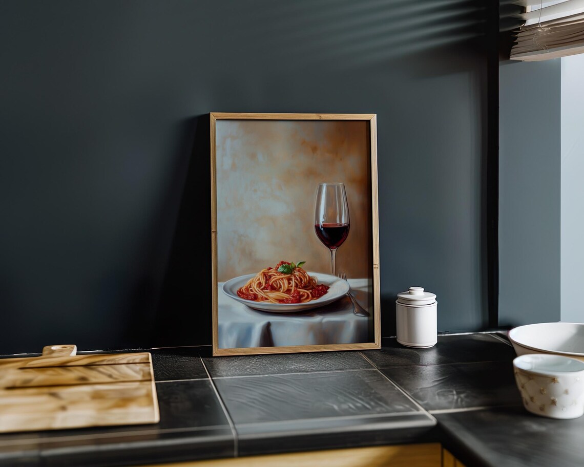 Spaghetti Marinara Red Wine Still Life Oil Painting Kitchen Poster - Image 7