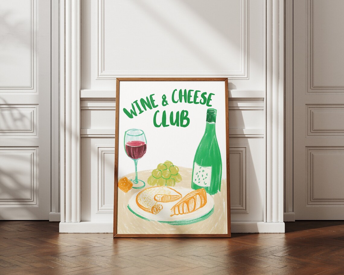 Wine and Cheese Club Green Illustration Kitchen Dining Art Poster - Image 3