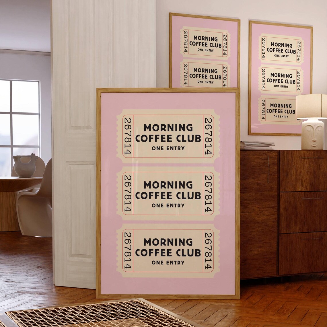 Morning Coffee Club Retro Ticket Stub Trio Pink Kitchen Poster - Image 6