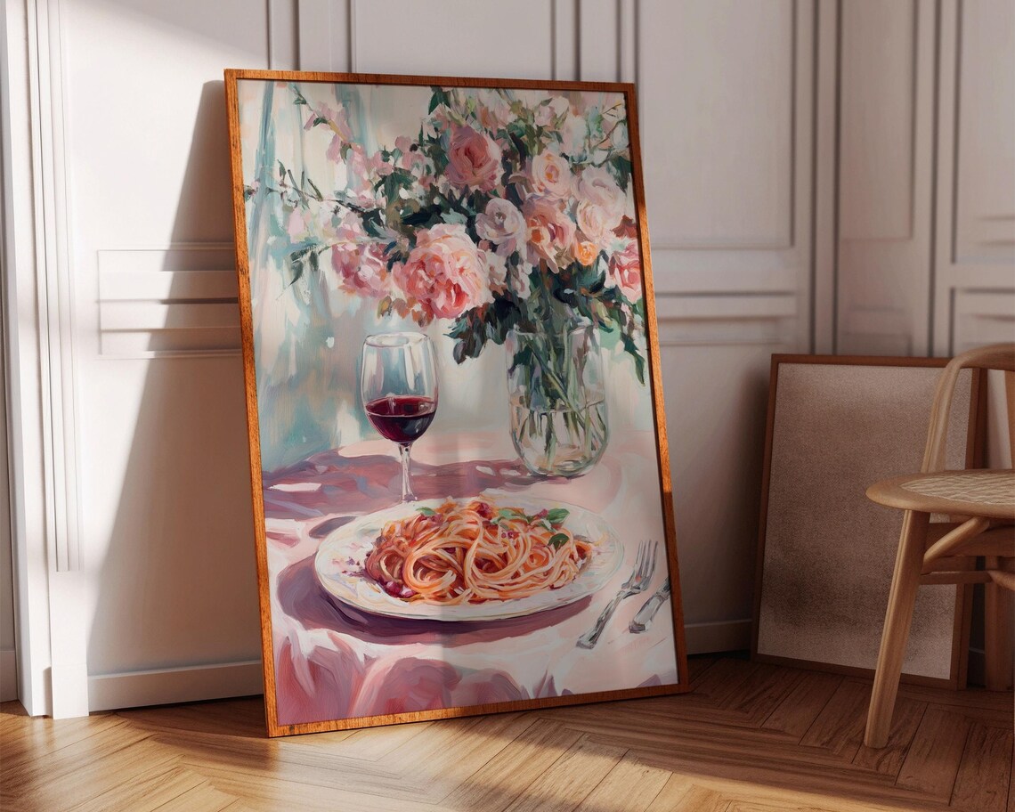 Spaghetti Wine Glass Roses Watercolor Italian Kitchen Table Poster - Image 8