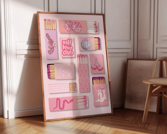 Matchbox Wall Print Preppy Dorm Decor Girly Wall Art Pink Retro Matchbox Art Print Coquette Wall Decor Cute Home Decor