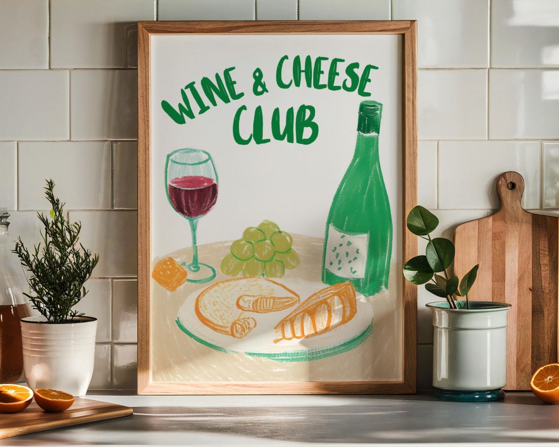 Wine and Cheese Club Green Illustration Kitchen Dining Art Poster