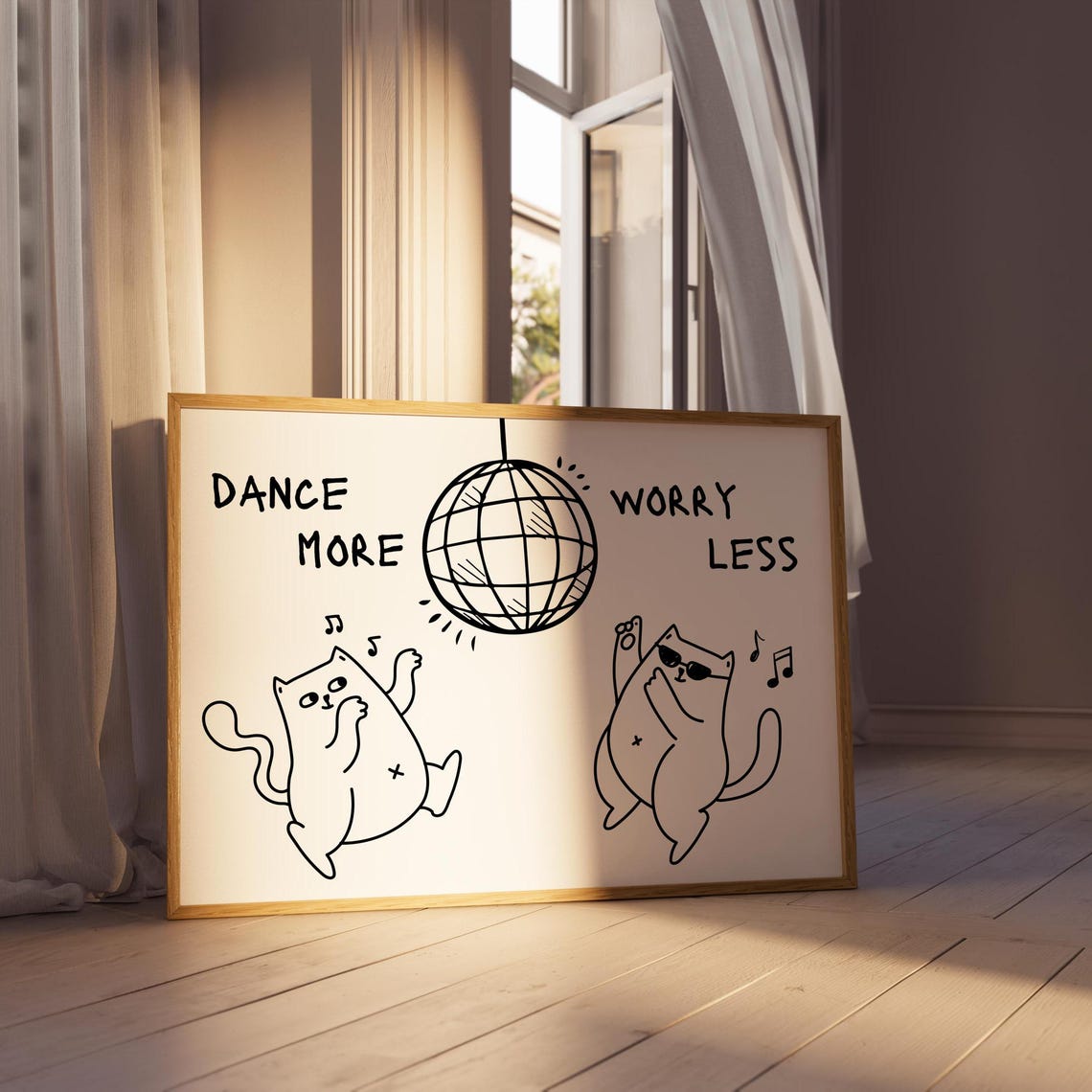 Dance More Worry Less Funny Disco Cats Line Drawing Art Poster - Image 6