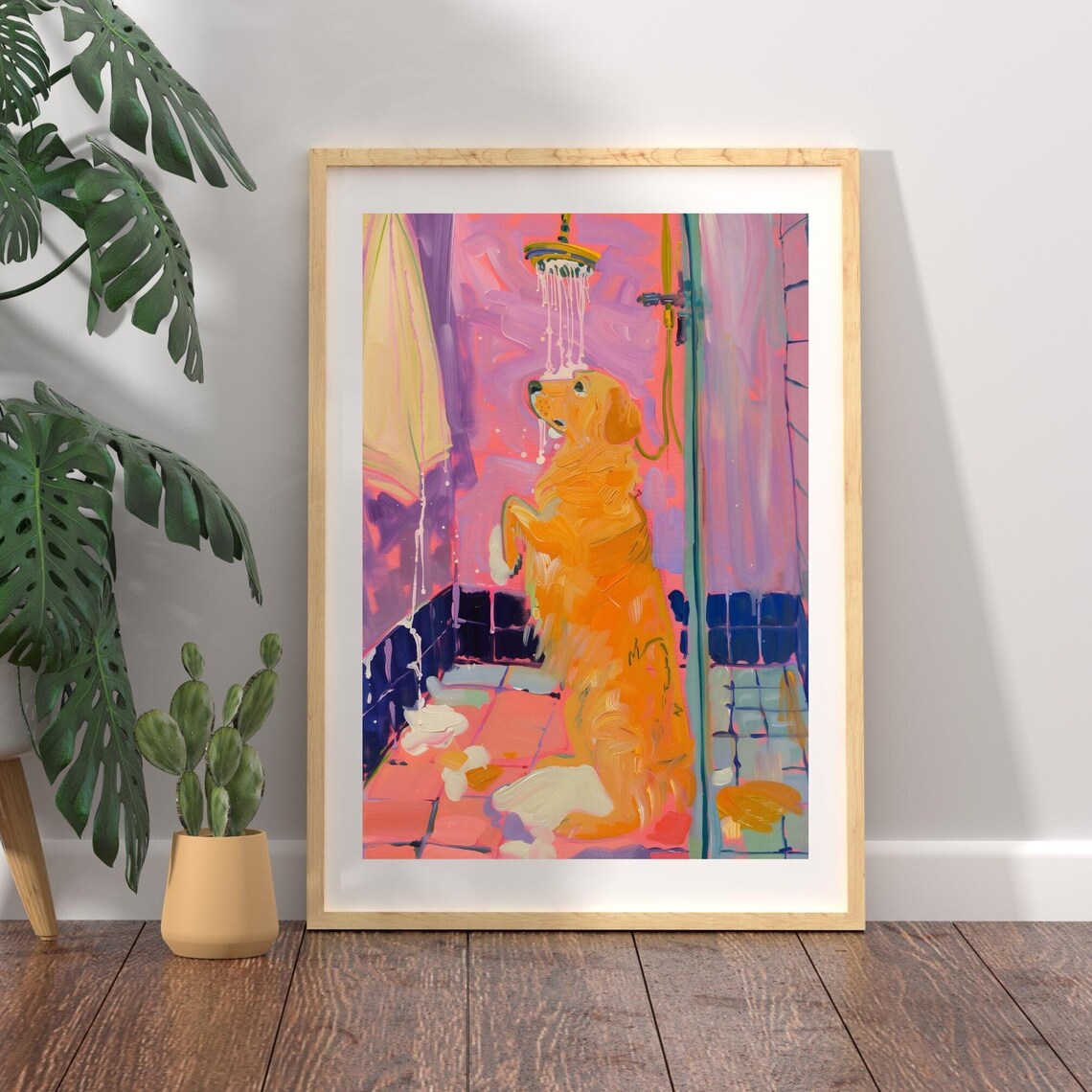 Maximalist Dog in Bathroom, Funny Pet Portrait Art Print