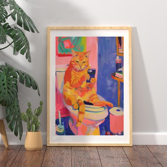 Orange Cat On Toilet Scrolling Phone Funny Bathroom Art Poster