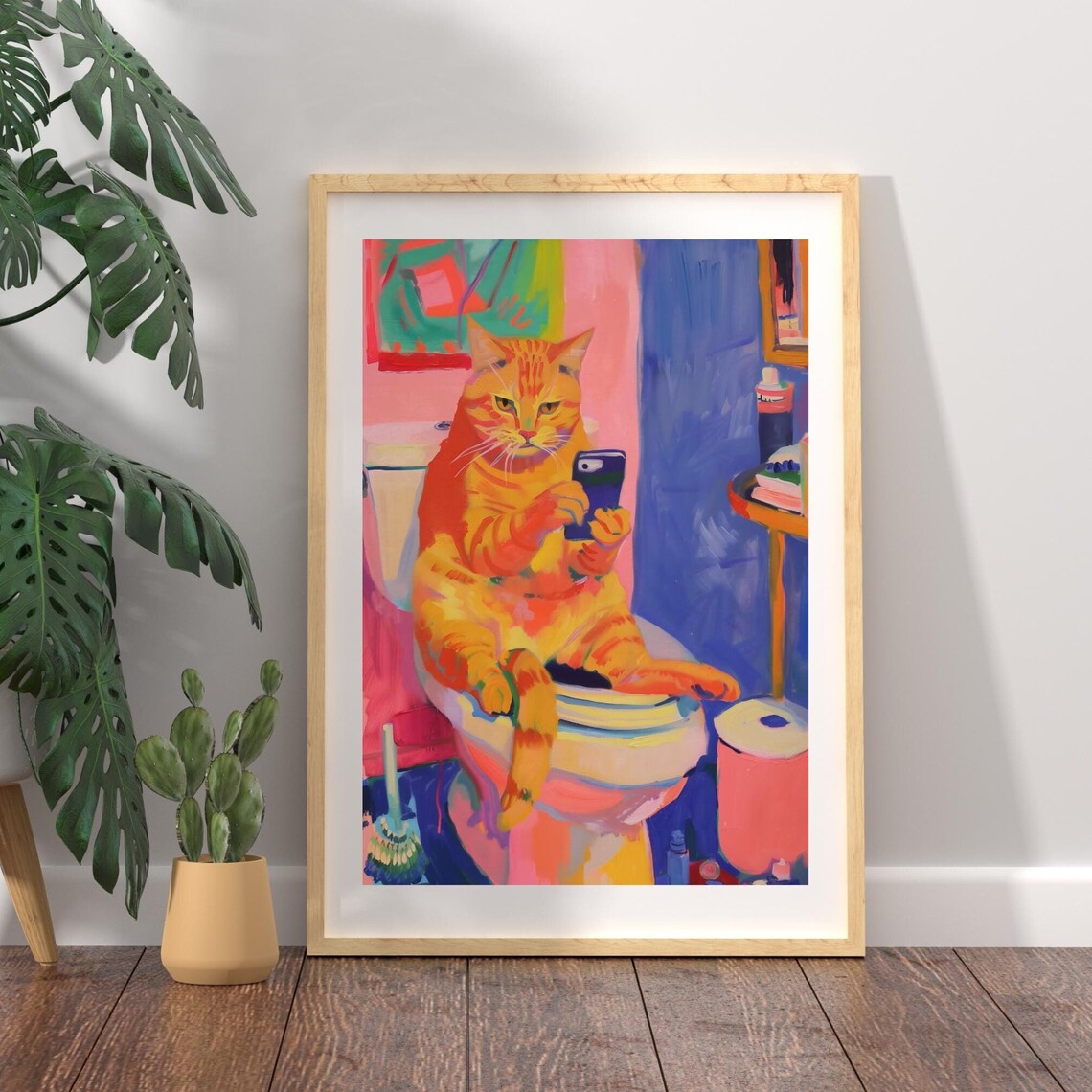 Orange Cat On Toilet Scrolling Phone Funny Bathroom Art Poster