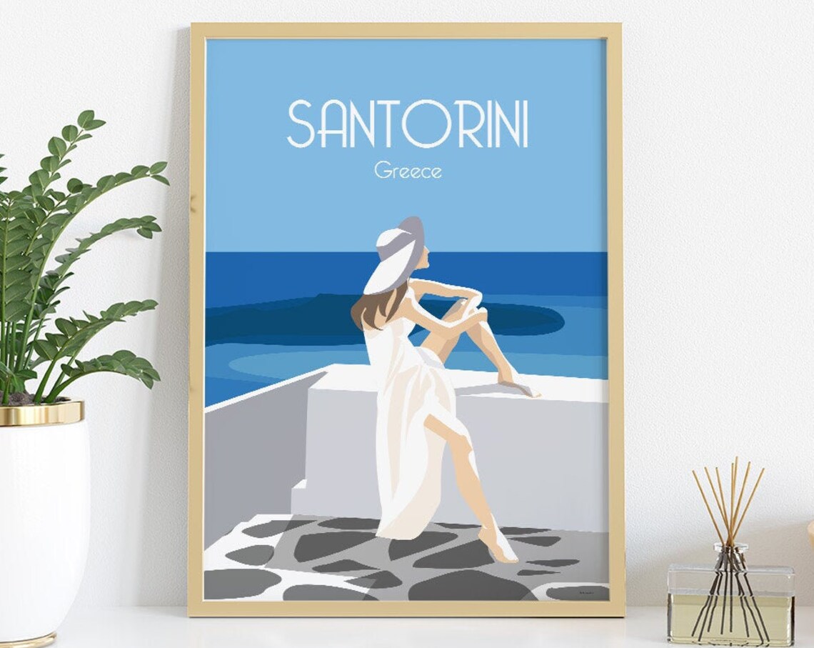 Santorini Greece Travel Poster Woman in White Dress Sea View