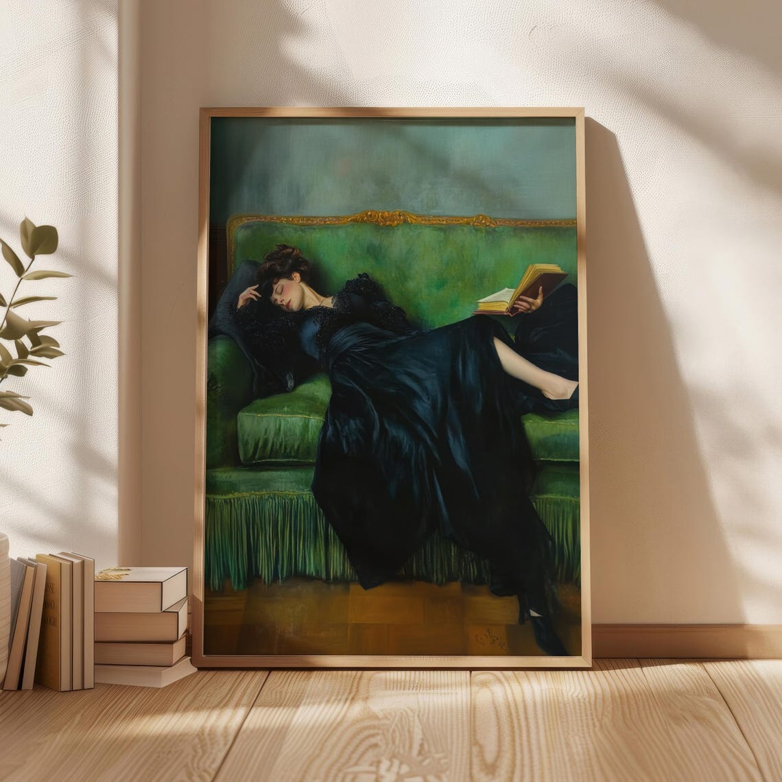 Decadent Woman Reclining on Green Sofa Reading Book Art Poster