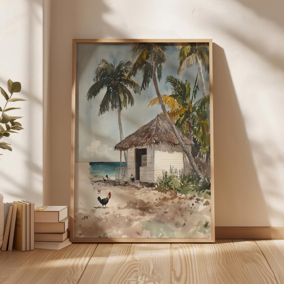 Winslow Homer Style Handpainted Watercolor Poster Tiny Garden On The Beach Palm Tree Wall Art