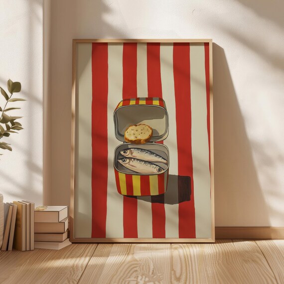 Canned Sardines Poster Red Stripes Wall Art Print Home Decor Kitchen New Gift Vintage Fish Illustration