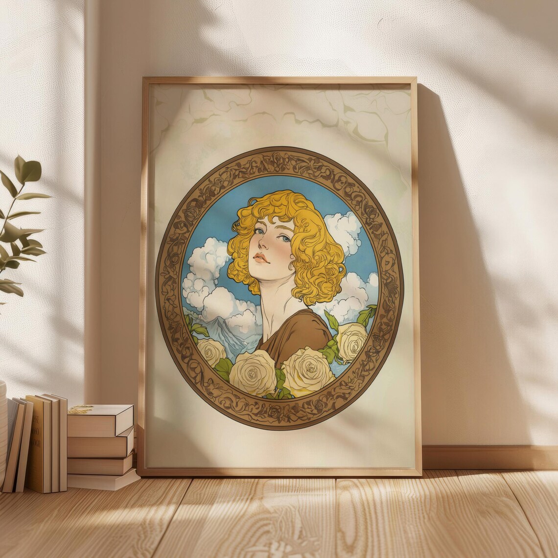 Art Nouveau Blonde Woman Circular Portrait With Roses Poster