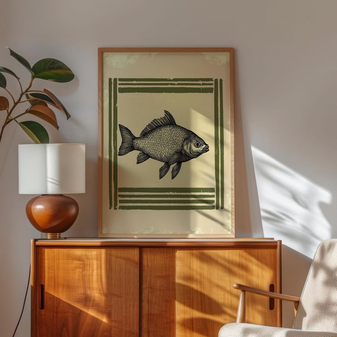 Vintage Carp Fish Botanical Illustration Green Kitchen Poster