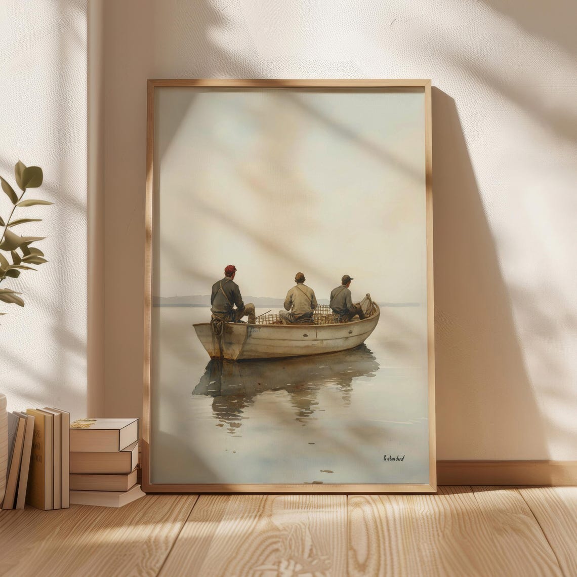 Three Men Rowing Wooden Boat Serene Lake Watercolor Art Poster