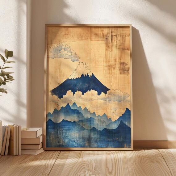 Mount Fuji Woodblock Style Blue Peaks Aged Paper Japanese Wall Poster